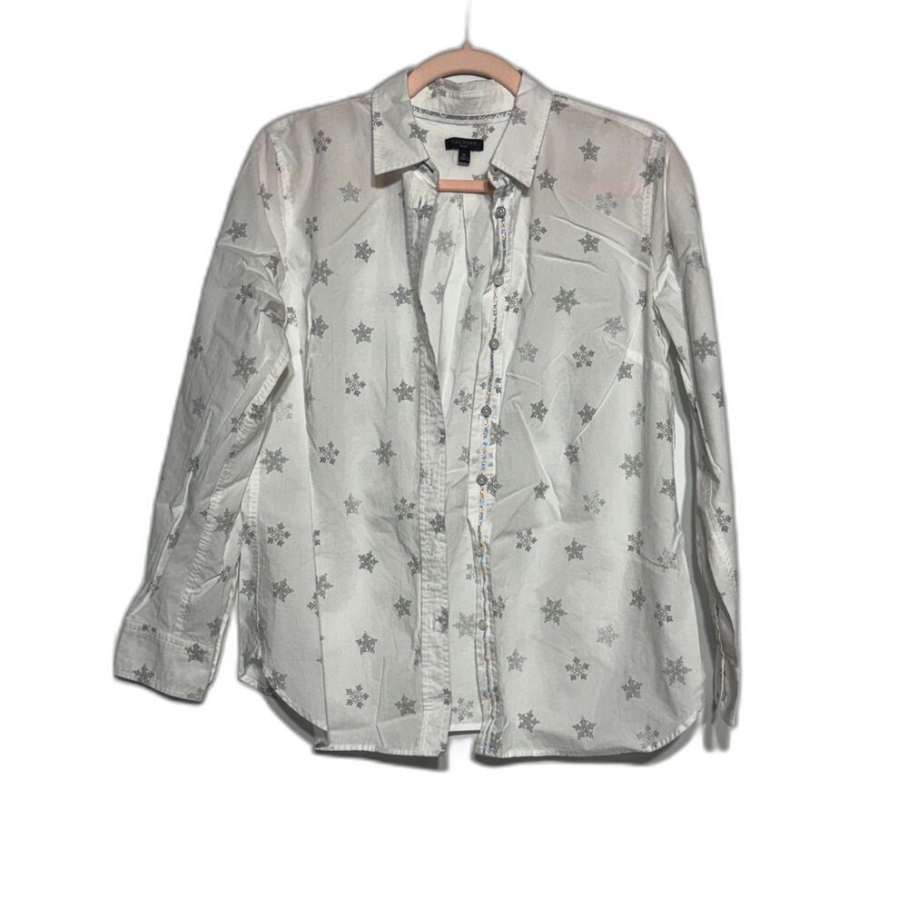 Talbots Perfect Shirt Womens MP White Silver Snowflake Cotton Holiday Petite
